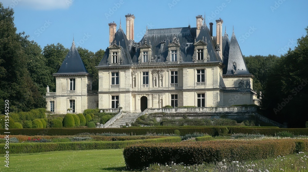 Obraz premium French Chateau Surrounded by a Well-Kept Garden