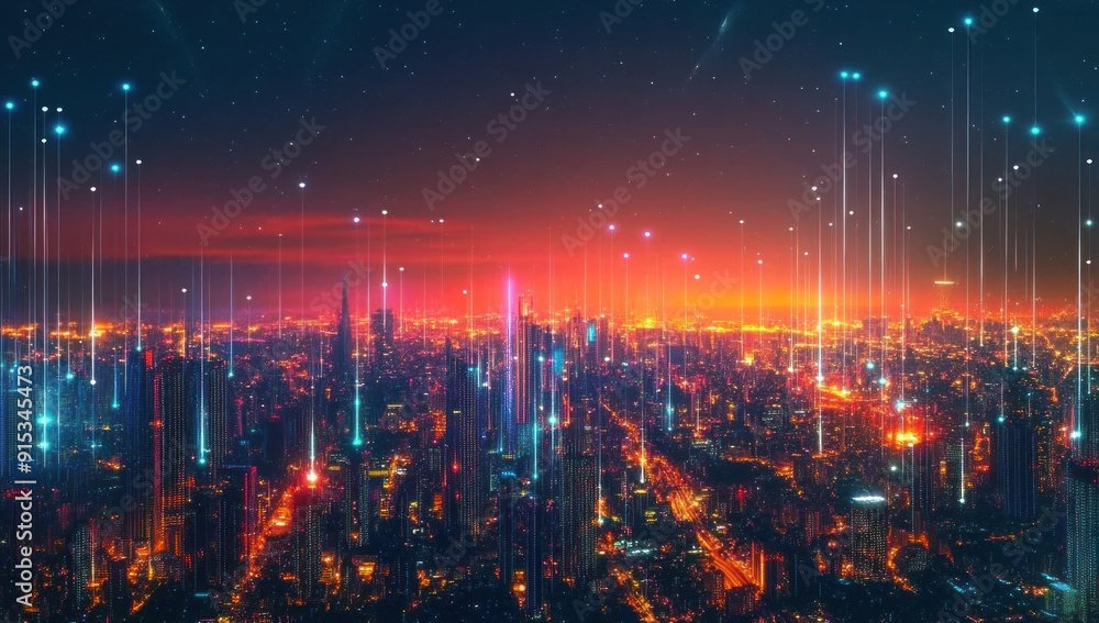 Obraz premium Futuristic Cityscape with Glowing Lines and Stars