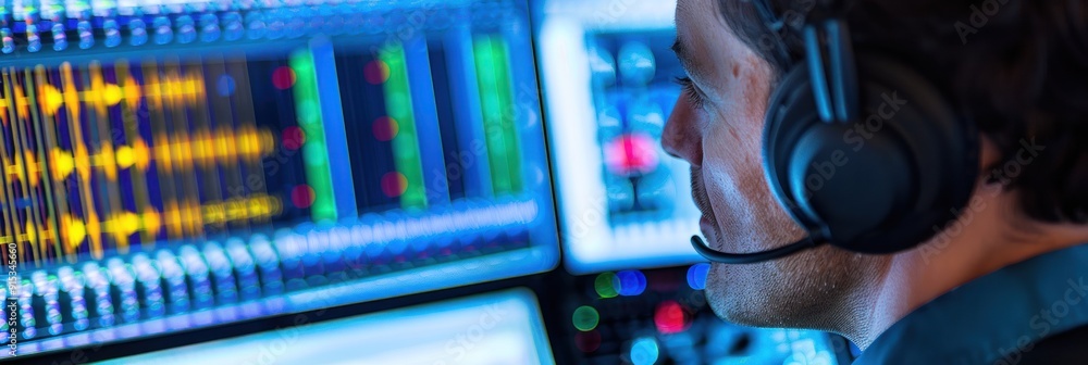 Man with headphones looking at computer screen. Man with headphones looking at computer screen.