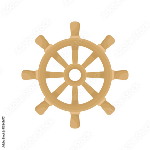 Simple wooden steering wheel in cartoon style on a white background. Isolated classic ship steering wheel
