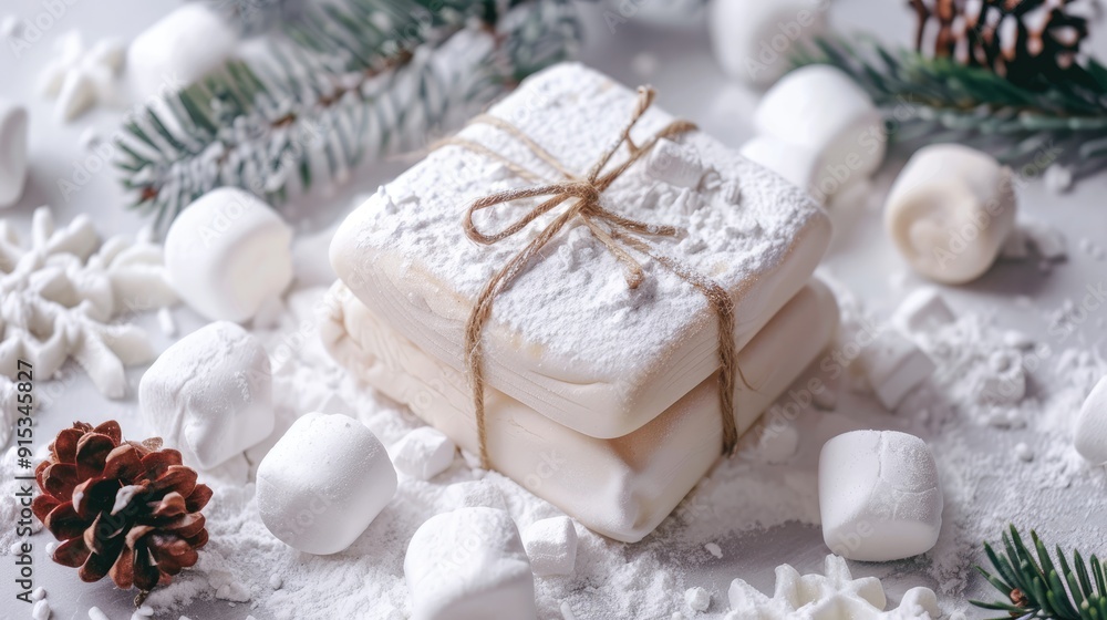 Homemade marshmallow gift on white backdrop Homemade marshmallow gift on white backdrop