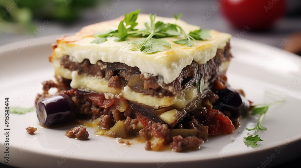 Generous serving of traditional Greek Moussaka on a white plate Generous serving of traditional Greek Moussaka on a white plate