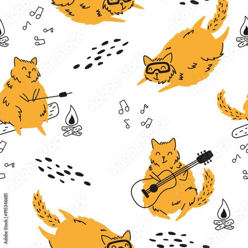 Seamless pattern with cute cat, cat swimming with underwater mask, cat playing guitar, cat roast marshmallows, 