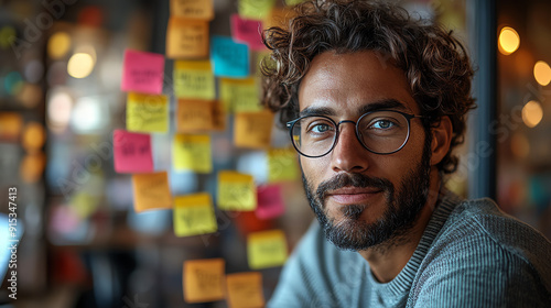 A young man with curly hair and glasses smiling confidently in a creative workspace filled with colorful post-it notes.