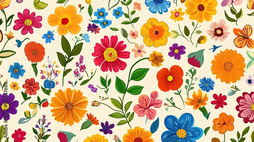 Obraz premium Colorful floral pattern with various flowers on a light background.