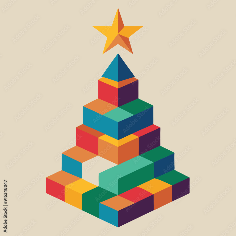 Geometric Christmas tree with a star on top, colorful blocks, modern geometric minimal unique design, creative square symmetrical Geometric Christmas tree with a star on top, colorful blocks, modern geometric minimal unique design, creative square symmetrical