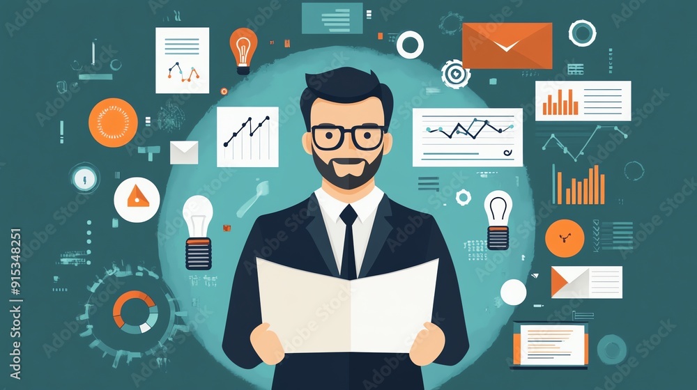 Businessman with a presentation, surrounded by charts, graphs and ideas. Businessman with a presentation, surrounded by charts, graphs and ideas.