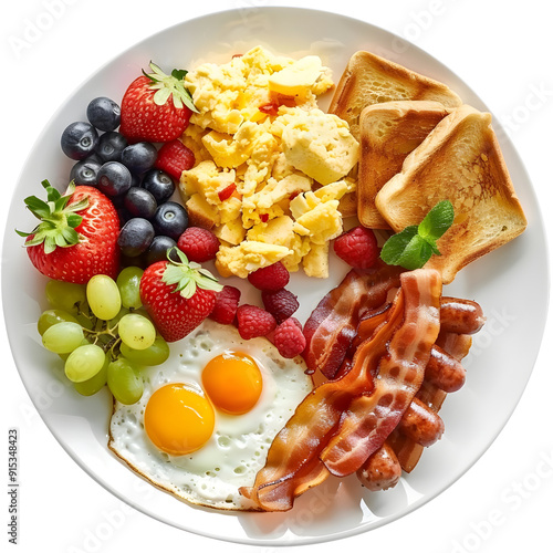 American Breakfast : American breakfast consists of scrambled eggs, bacon, sausage, toast, and fresh fruit, breakfast set, studio lighting, isolate on white background, photo, 4k