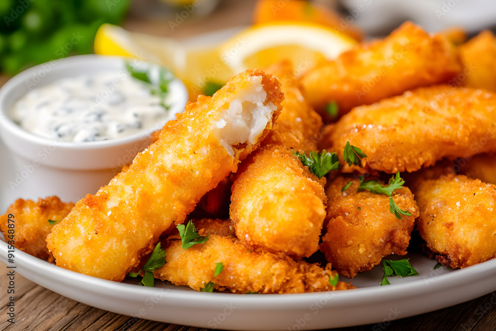 Fish sticks with lemon and tartar sauce commercial food photo Fish sticks with lemon and tartar sauce commercial food photo