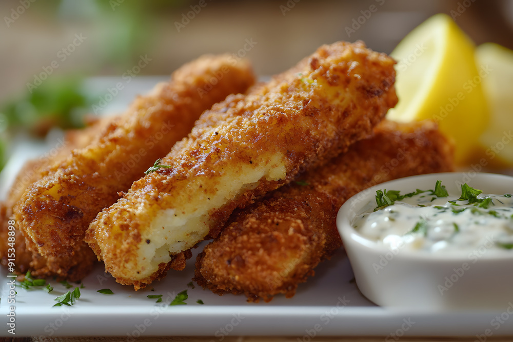 Fish sticks with lemon and tartar sauce commercial food photo Fish sticks with lemon and tartar sauce commercial food photo