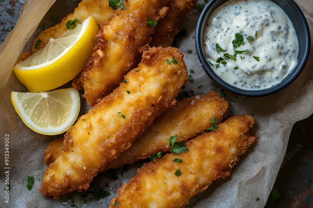 Fish sticks with lemon and tartar sauce commercial food photo Fish sticks with lemon and tartar sauce commercial food photo