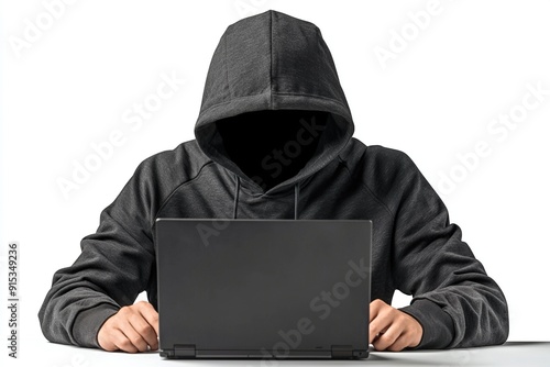 A faceless hacker in black hoodie is working on his laptop. Ai Generative