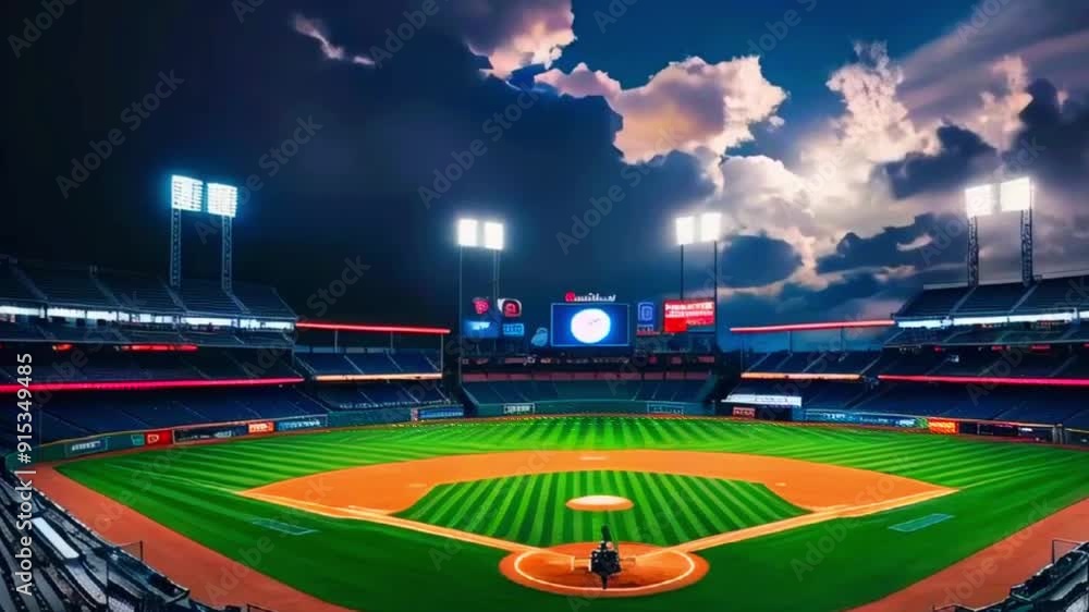 Empty baseball stadium at night with cloudy sky. Empty baseball stadium at night with cloudy sky.