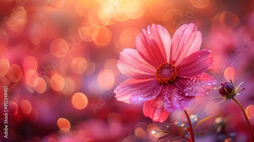 A vibrant pink flower blooms gracefully under a warm sunset glow in a natural garden setting