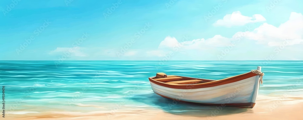 Fototapeta premium A serene boat rests on a calm beach, surrounded by crystal-clear waters and a bright blue sky, evoking peace and relaxation.