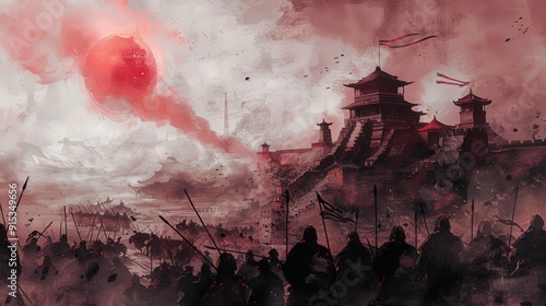 Silhouetted Warriors Approaching an Asian Fortress Under a Blood Red Sun