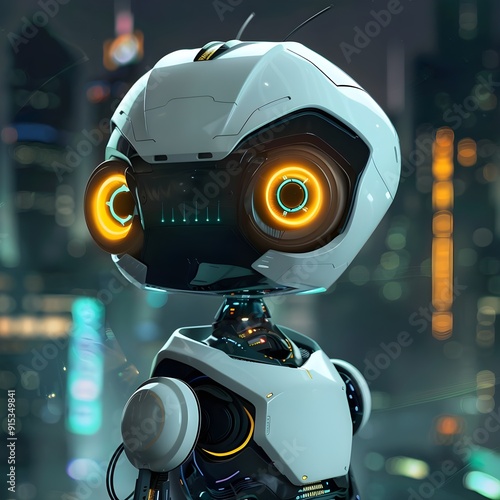 A white robot with a rounded head and glowing yellow eyes in an urban nighttime setting.