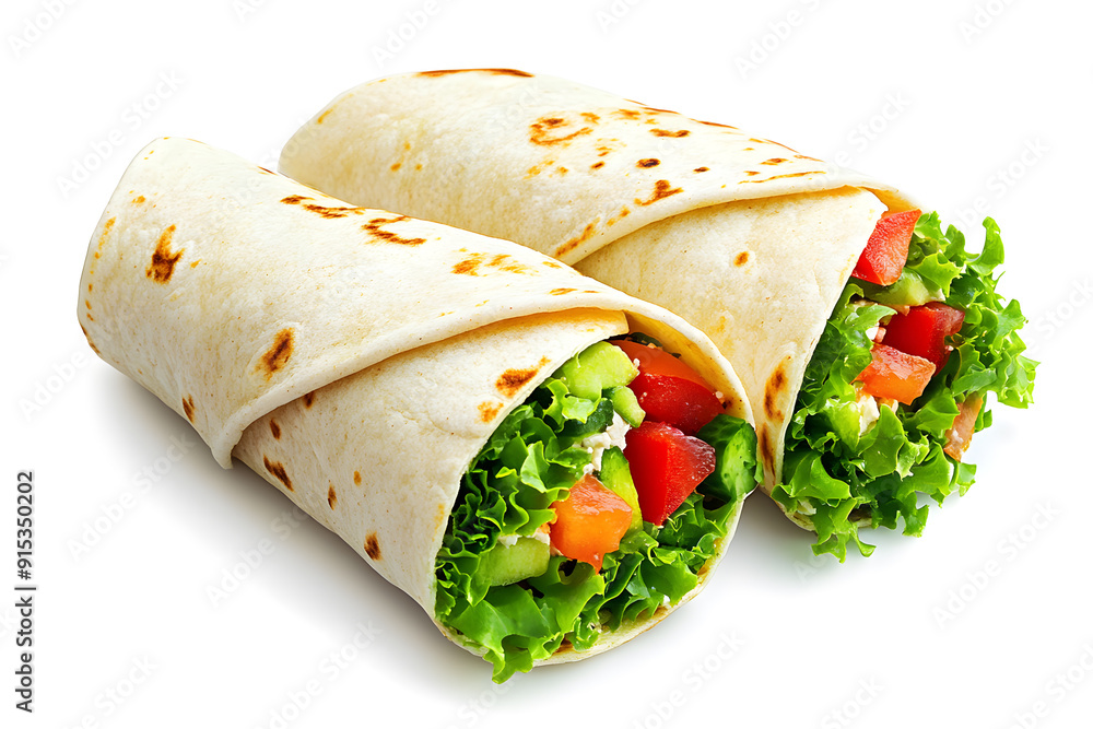 Tortilla wrap with fried chicken meat and vegetables. Shawarma fast food isolated on white background Tortilla wrap with fried chicken meat and vegetables. Shawarma fast food isolated on white background