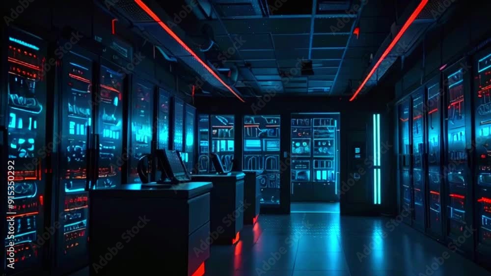 Rows of servers in a server room with red and blue lights, glowing and ...