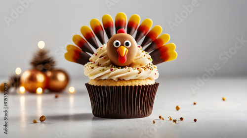 Chocolate cupcake with a marzipan turkey, Thanksgiving, Holiday celebration