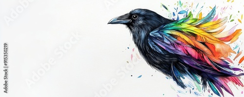 A vibrant illustration of a crow adorned with colorful feathers, symbolizing creativity and freedom in a unique artistic style. photo