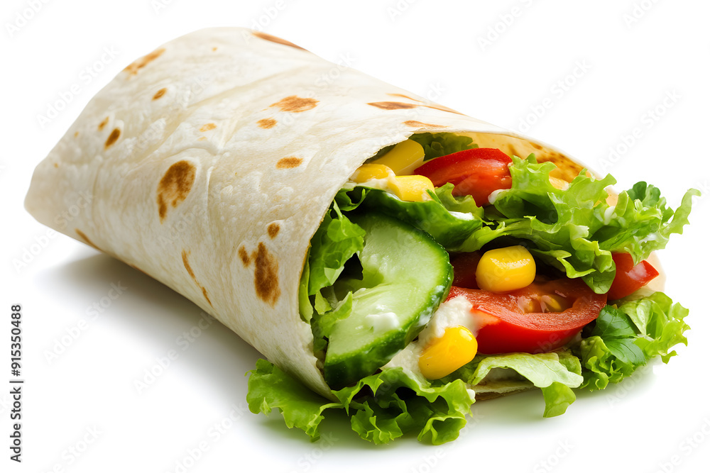 Tortilla wrap with fried chicken meat and vegetables. Shawarma fast food isolated on white background Tortilla wrap with fried chicken meat and vegetables. Shawarma fast food isolated on white background