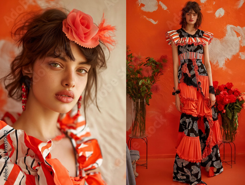 Obraz na płótnie The woman in the first photo is wearing a red flower headband and a red dress. The overall mood of the images is playful and colorful w salonie