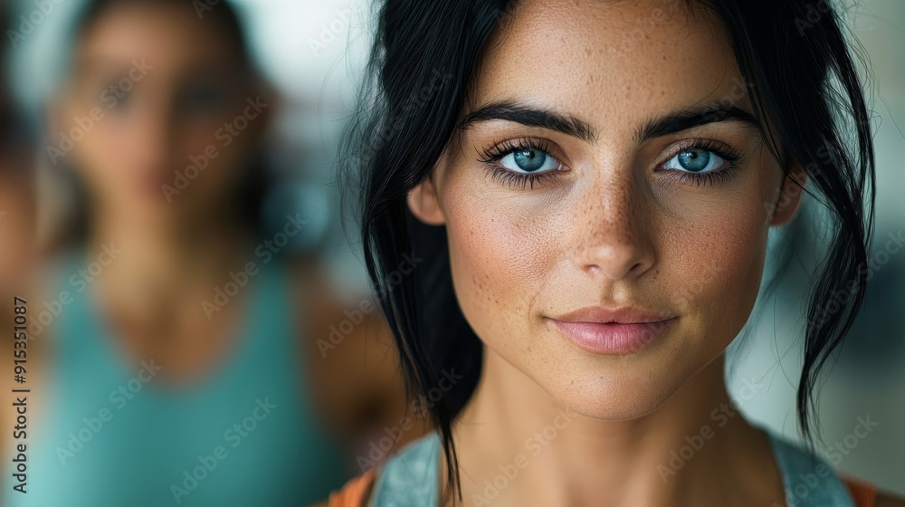 Portrait of a confident woman with blue eyes, showcasing determination and strength in a fitness environment, ideal for lifestyle imagery. Portrait of a confident woman with blue eyes, showcasing determination and strength in a fitness environment, ideal for lifestyle imagery.