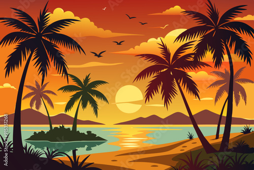 A beautiful silhouette of palm beach landscape vector