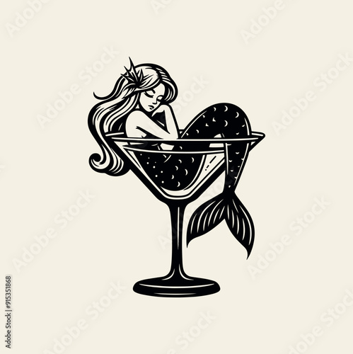 Mermaid lounging in a cocktail glass on a light background. Vintage black flat illustration, emblem, print, logo.	
