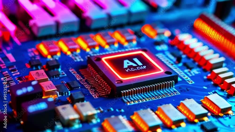AI chip glowing red on a blue circuit board. AI chip glowing red on a blue circuit board.