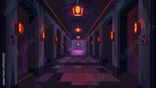 Spooky Hotel Hallway Illustration with Dim Lighting and Dark Shadows