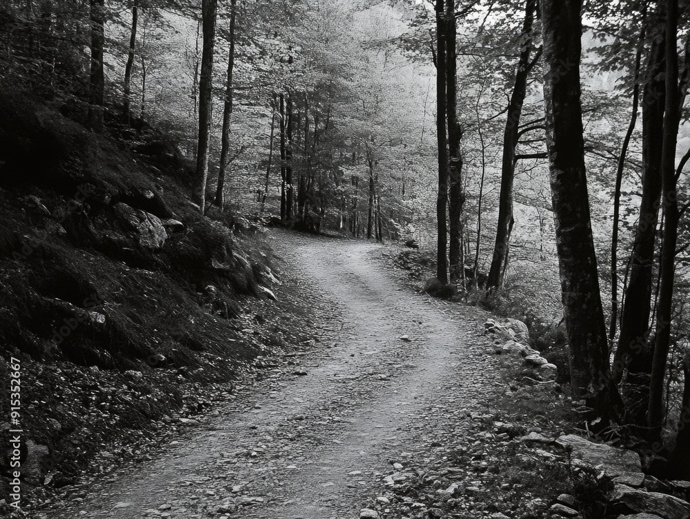 Naklejka premium Scenic Forest Path in Monochrome: Nature's Tranquility and Outdoor Adventure
