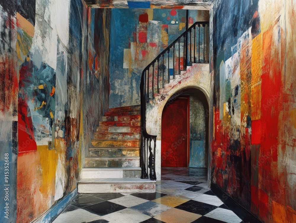 Fototapeta premium Colorful Abstract Painted Staircase Interior with Geometric Wall Art and Patterned Flooring