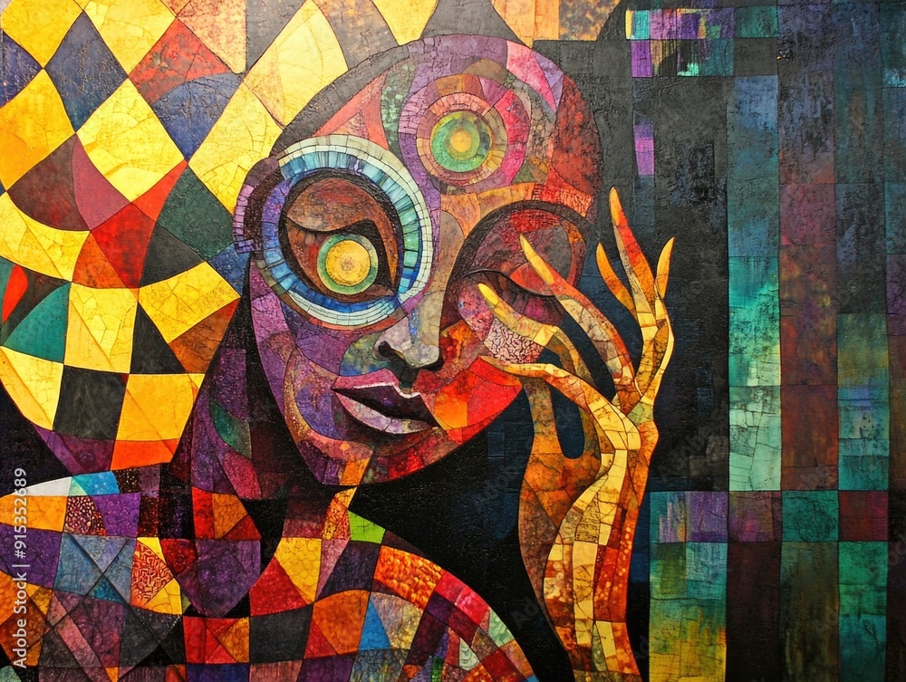 Vibrant Abstract Mosaic Art with Colorful Geometric Patterns and Contemplative Human Face Vibrant Abstract Mosaic Art with Colorful Geometric Patterns and Contemplative Human Face