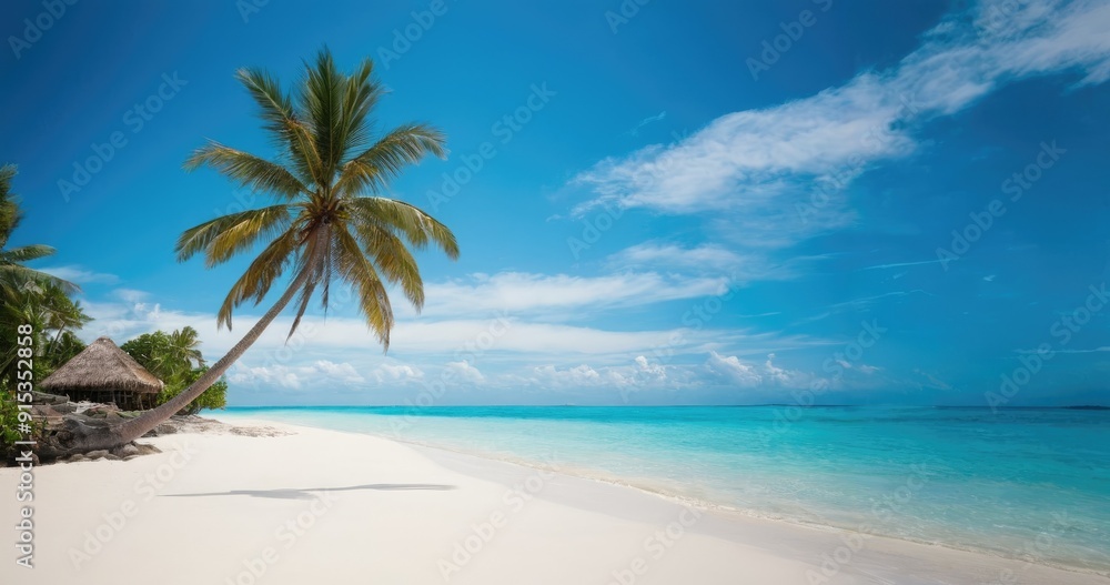Fototapeta premium Tropical coast with white sand, turquoise sea, and palm trees. Great for a travel banner.