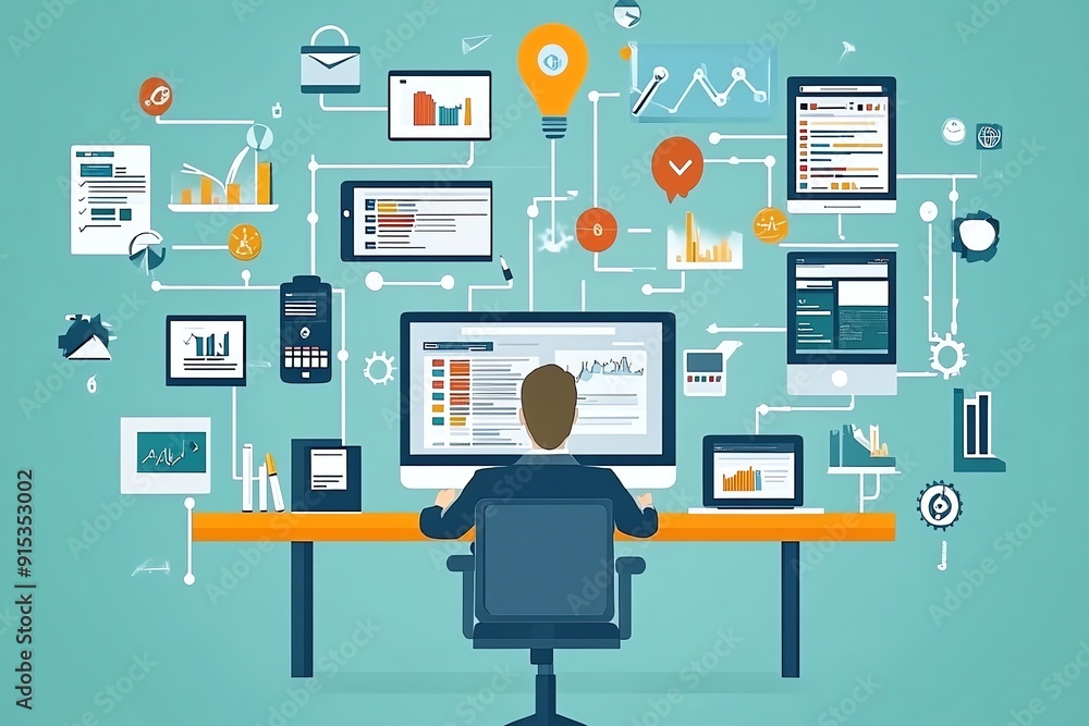 Businessman working on a computer with data and graphs on the screen. Businessman working on a computer with data and graphs on the screen.