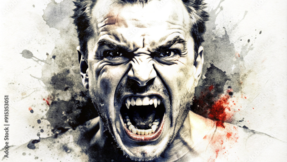 Naklejka premium Furious man screaming in intense watercolor painting
