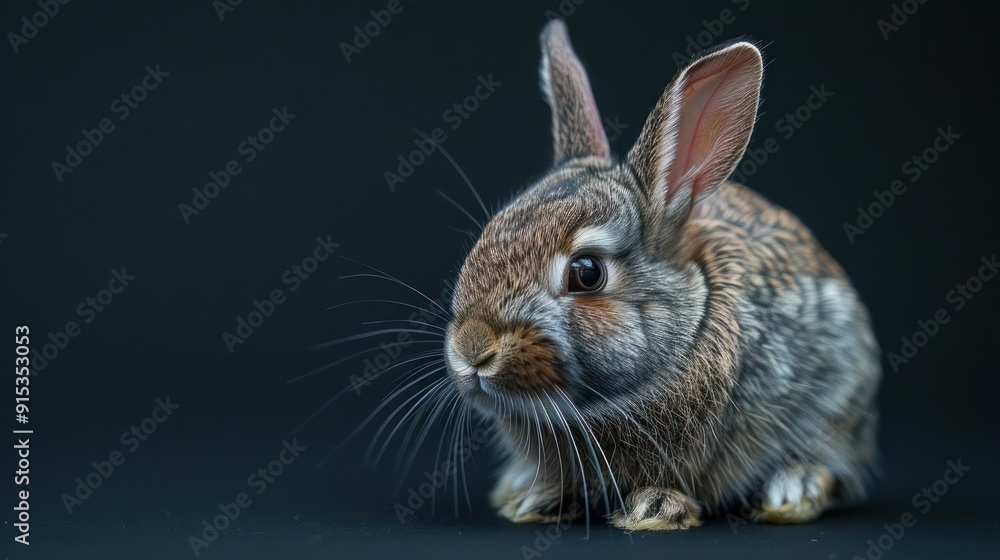 Fototapeta premium Adorable white and brown bunny with a fluffy coat sitting on black background