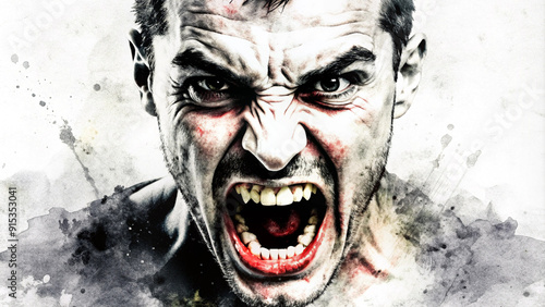 Furious man screaming in abstract watercolor portrait