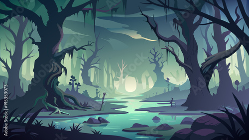 Eerie Swamp Illustration with Haunted Trees and Misty Water, Spooky Atmosphere