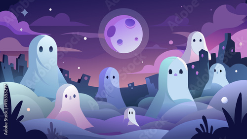 Ghosts in a Haunted Village Illustration with Full Moon and Ruins