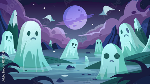 Eerie Ghosts in a Haunted Swamp Illustration with Full Moon