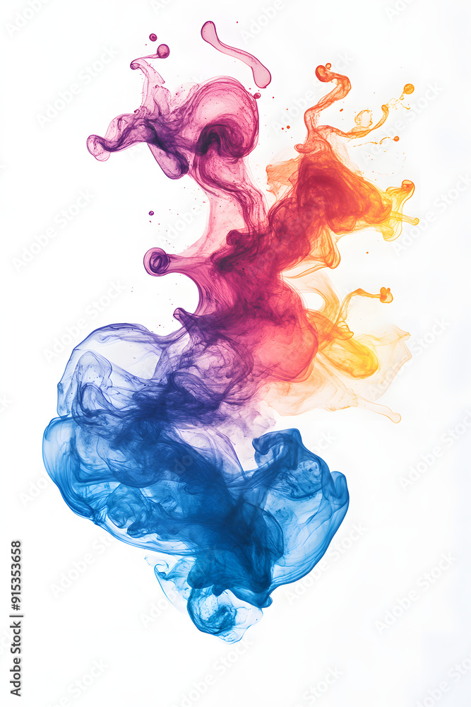 Fließende Farbexplosion: Dynamisches Aquarell in lebendigen Tönen auf weißem Hintergrund Fließende Farbexplosion: Dynamisches Aquarell in lebendigen Tönen auf weißem Hintergrund