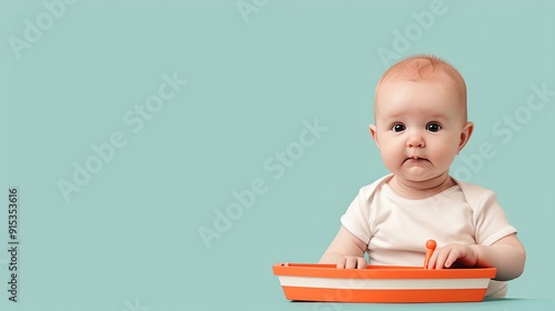 Baby playing with a toy boat, flat design illustration photo