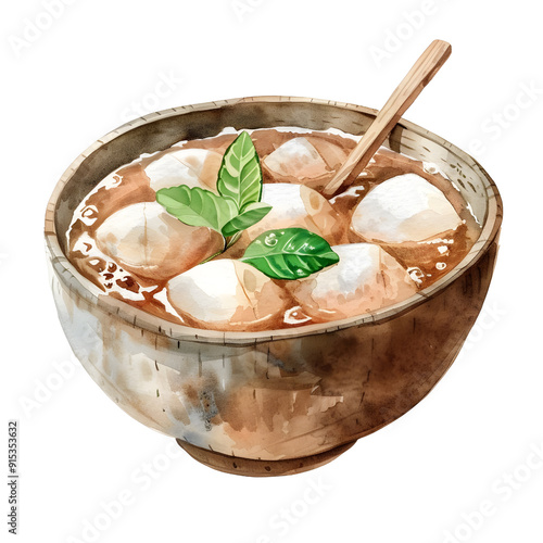 Tub Tim Grob : Crunchy water chestnuts in syrup served in fresh coconut milk and ice, In a cute bowl, Thai food photo