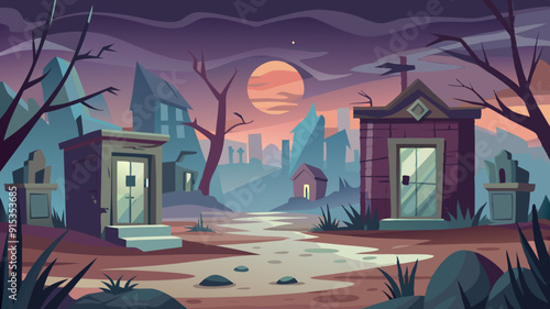Haunted Town Illustration with Full Moon and Abandoned Buildings