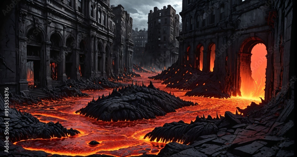lava magma river flowing through destroyed city buildings in dark molten brimstone hellscape. post apocalyptic hell town ruins. lava magma river flowing through destroyed city buildings in dark molten brimstone hellscape. post apocalyptic hell town ruins.