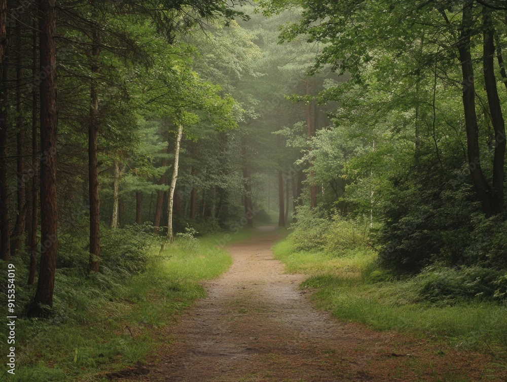 Fototapeta premium Serene Forest Pathway Surrounded by Lush Greenery in a Misty, Tranquil Woodland Area
