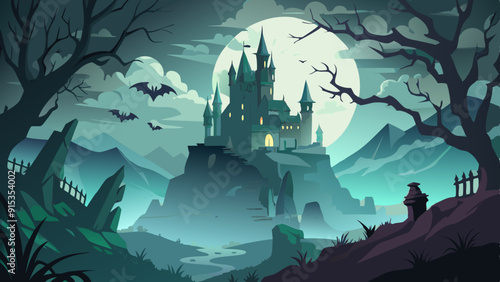 Haunted Castle Illustration, Spooky Night with Full Moon and Bats